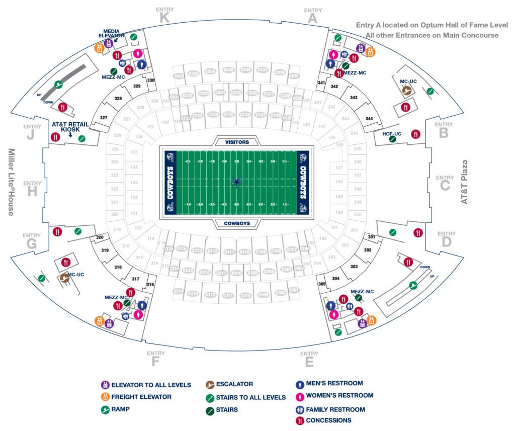 AT&T stadium Mezzanine Level seating map