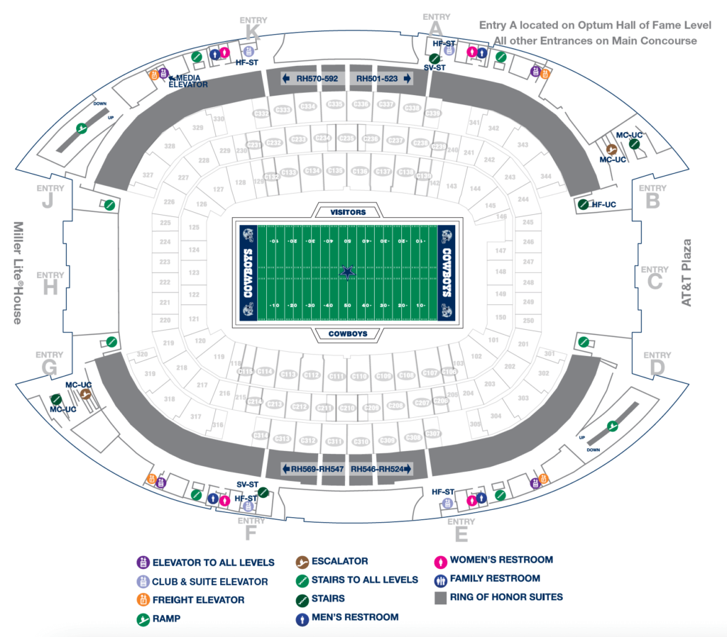Ring of Honor Level seating at AT&T stadium seating map
