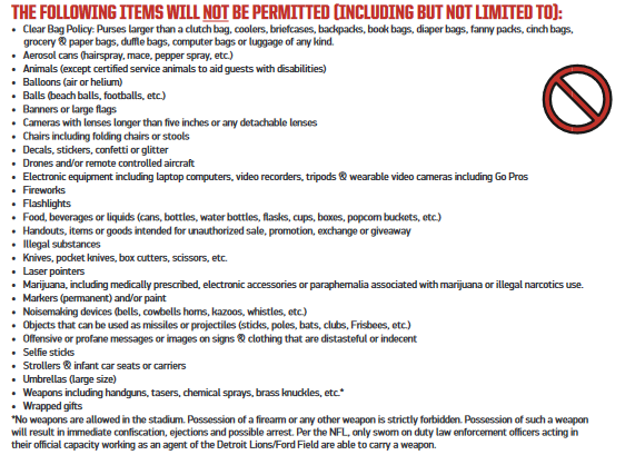 prohibited items at ford field