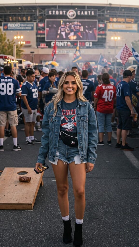 13 Stylish Tailgating Outfits for Women. Distressed Shorts + Oversized Jacket