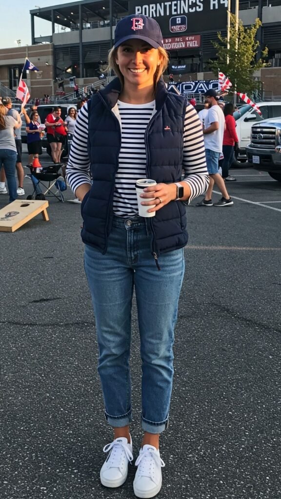 13 Stylish Tailgating Outfits for Women. Vest + Striped Top + Boyfriend Jeans