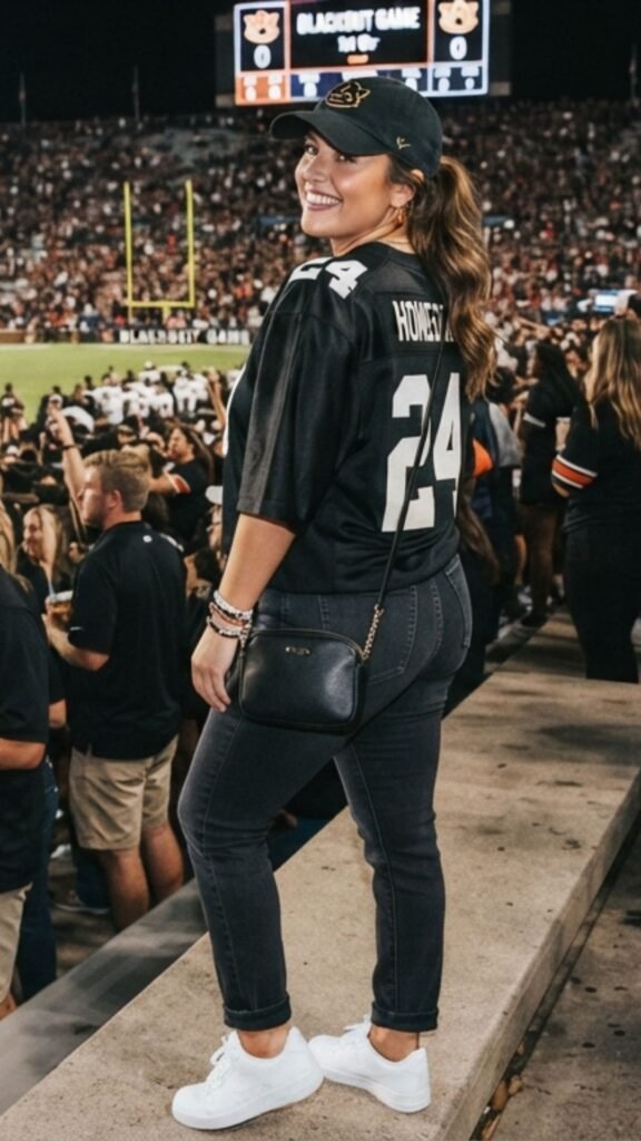 11 Blackout Football Game Outfit Ideas - Classic Black Jersey and Denim