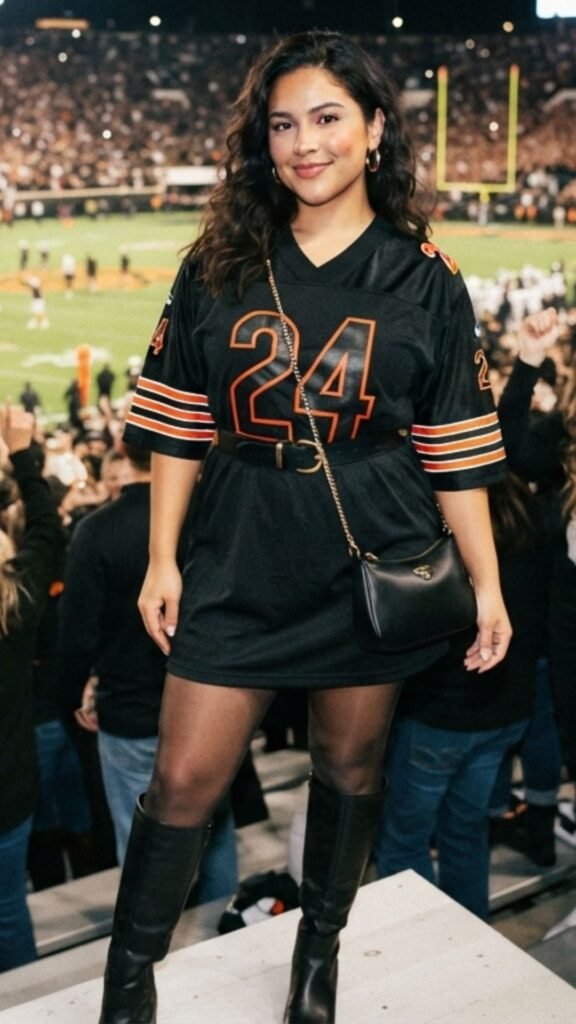 11 Blackout Football Game Outfit Ideas - Black Jersey Dress and Knee-High Boots