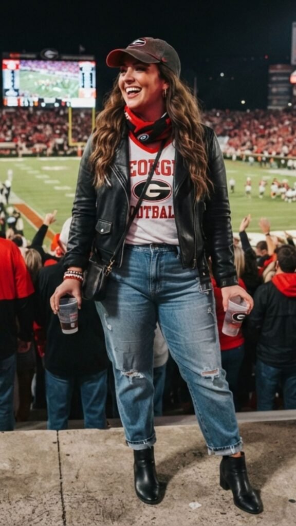11 Blackout Football Game Outfit Ideas- Black Leather Jacket, Team Tee, and Jeans