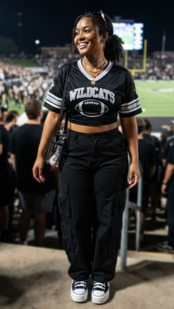 11 Blackout Football Game Outfit Ideas- Black Cargo Pants and Cropped Jersey