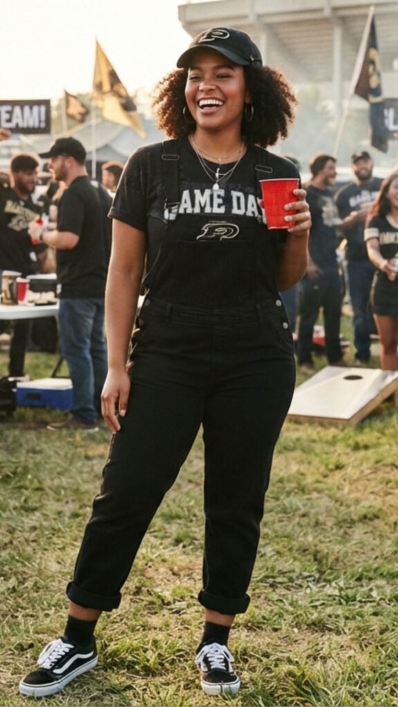 Black Overalls and a Team T-Shirt